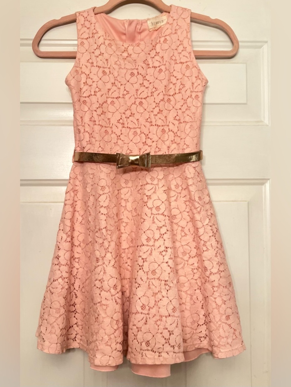🌸 Girls Pink Lace Overlay Dress with Gold Bow Belt - Size 10